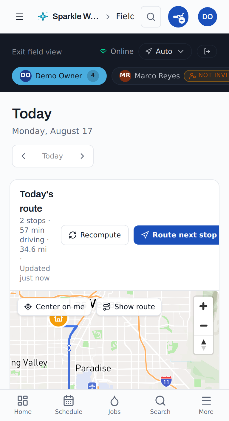 OpsCurrent field view on a phone: today's computed route with stops, drive time, and a route-next-stop button