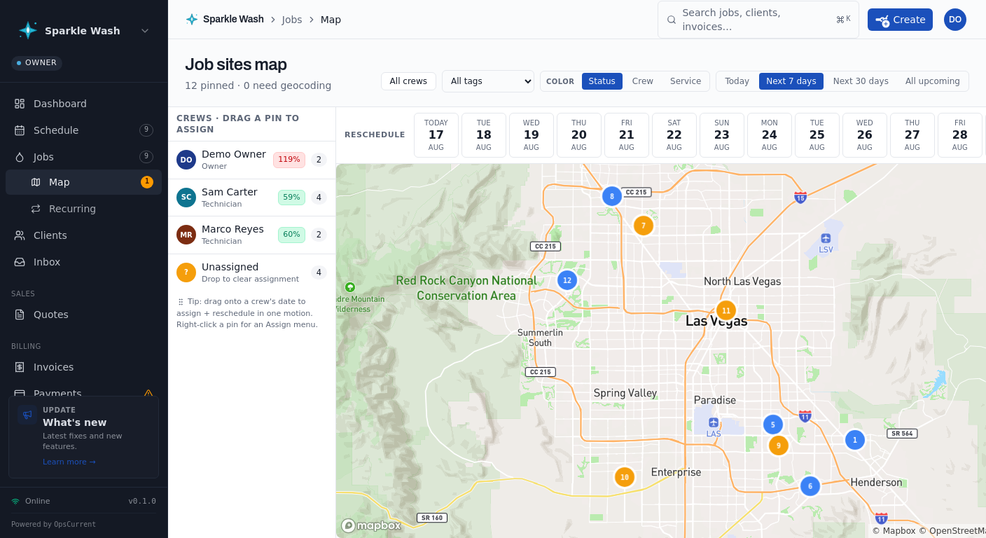 OpsCurrent job sites map: every job pinned across the metro with crew utilization and a two-week reschedule strip