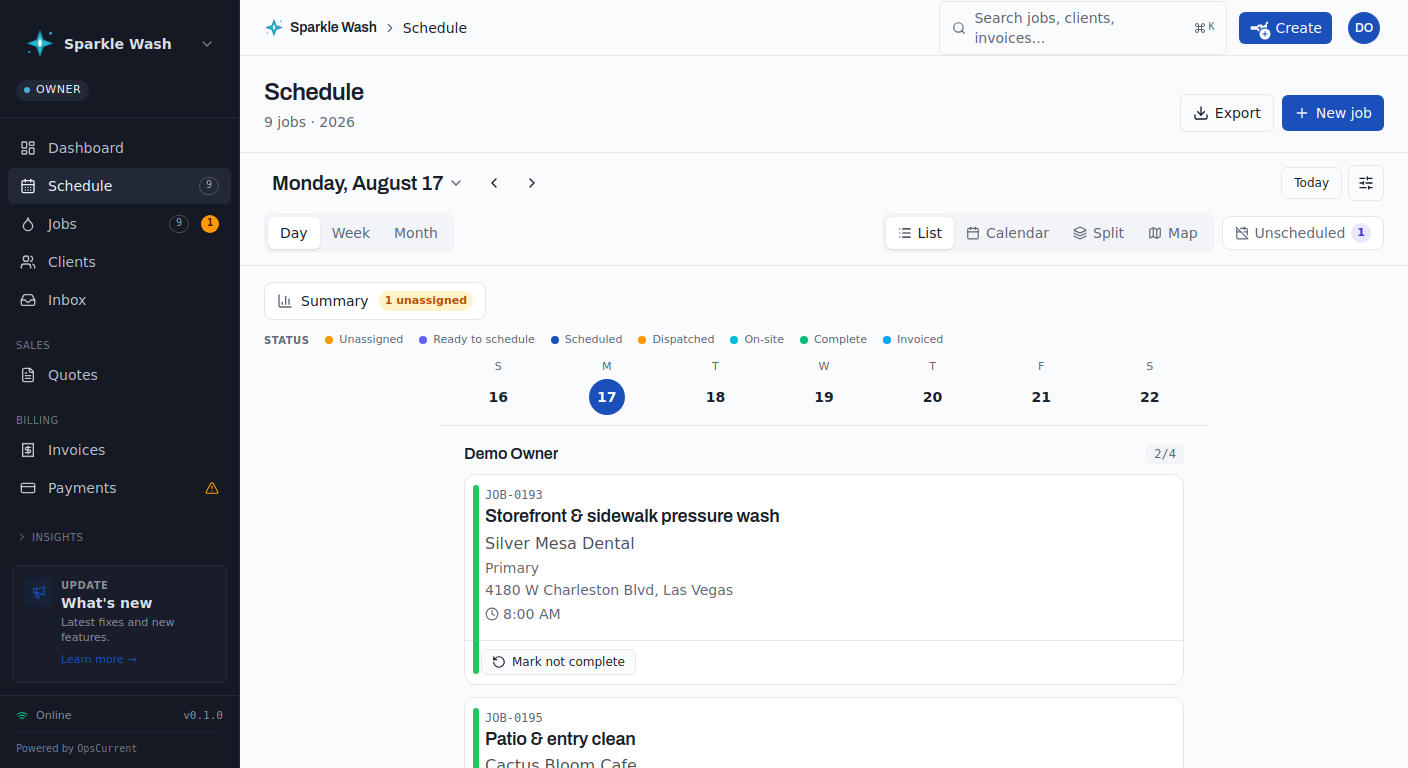 OpsCurrent schedule day view: color-coded job statuses, crew capacity, and the day's jobs with addresses